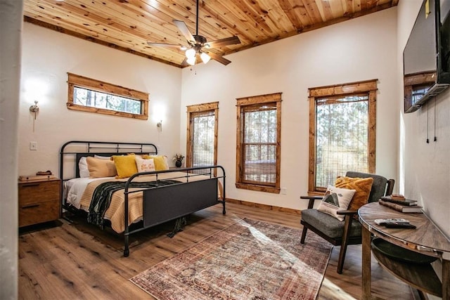 bedroom with wood ceiling, ceiling fan, and dark wood-type flooring