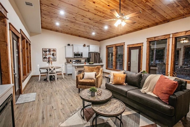 living room with ceiling fan, light hardwood / wood-style floors, lofted ceiling, and wood ceiling