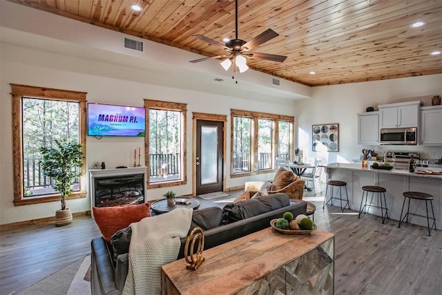 living room featuring wood ceiling, dark wood-type flooring, and a healthy amount of sunlight