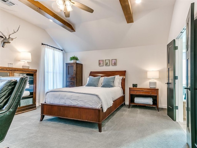 carpeted bedroom featuring ceiling fan and vaulted ceiling with beams