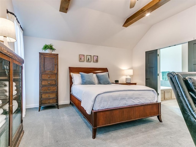 bedroom featuring ceiling fan, carpet floors, and vaulted ceiling with beams