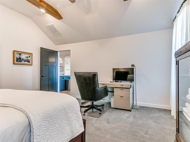 bedroom with vaulted ceiling with beams, light carpet, and ceiling fan