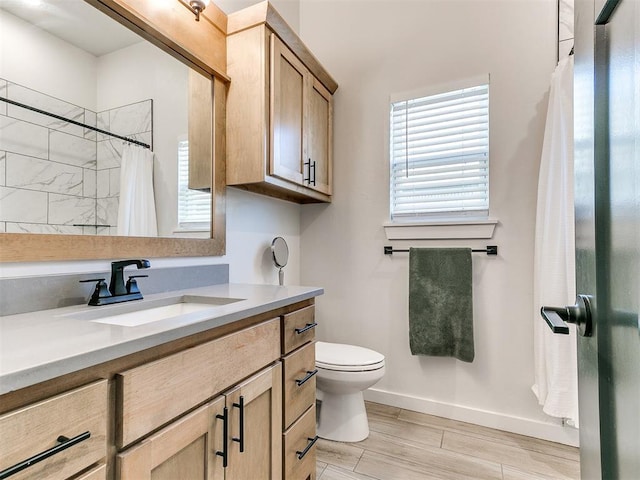 bathroom featuring vanity, curtained shower, and toilet