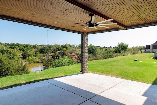 view of patio featuring ceiling fan and a water view