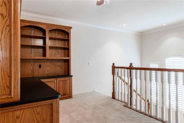 unfurnished office with crown molding and light colored carpet