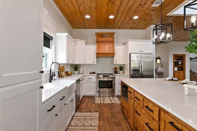 kitchen with wood ceiling, appliances with stainless steel finishes, white cabinetry, dark hardwood / wood-style floors, and decorative light fixtures