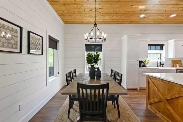 dining room with an inviting chandelier, wood ceiling, and plenty of natural light