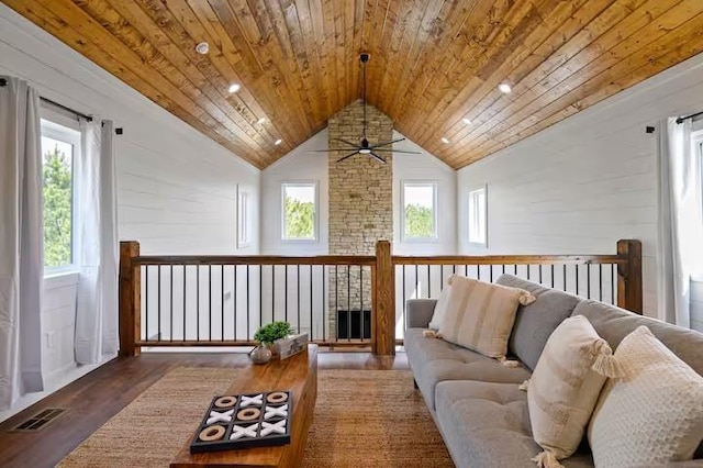 interior space with hardwood / wood-style flooring, plenty of natural light, high vaulted ceiling, and wooden ceiling