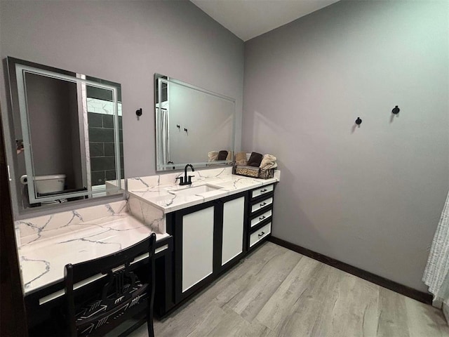 bathroom with wood-type flooring, vanity, and toilet