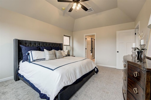 bedroom with carpet floors, a ceiling fan, visible vents, vaulted ceiling, and baseboards