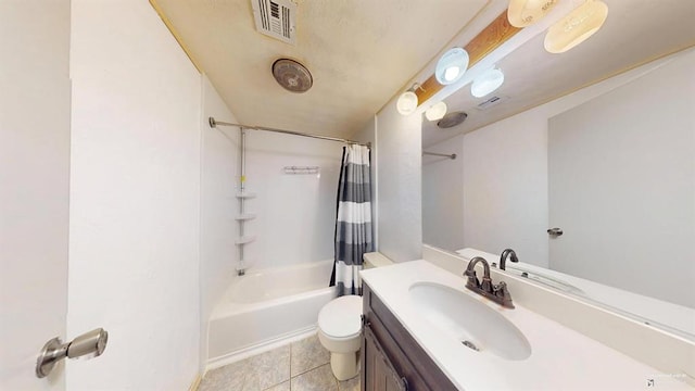 full bathroom featuring tile patterned floors, vanity, toilet, and shower / bath combination with curtain