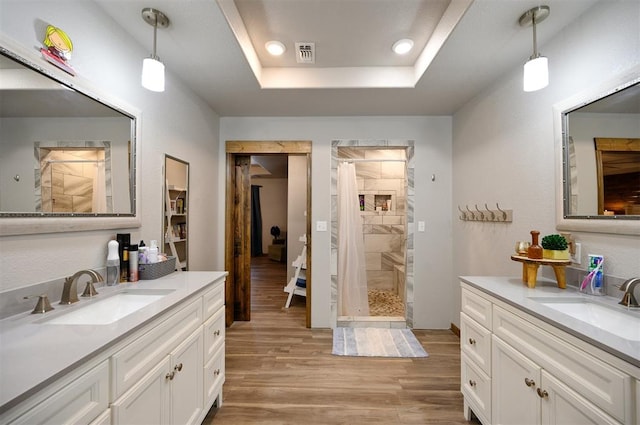 bathroom with a shower with curtain, wood-type flooring, vanity, and a tray ceiling