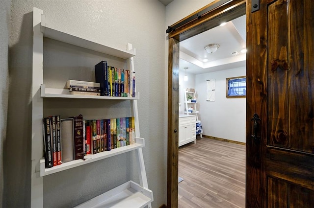 corridor featuring a barn door, a tray ceiling, and light hardwood / wood-style flooring