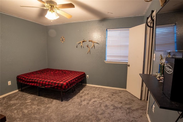 bedroom with light colored carpet and ceiling fan