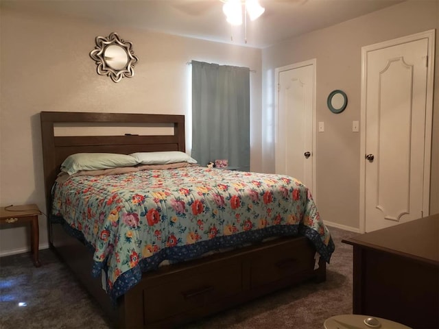 carpeted bedroom with ceiling fan