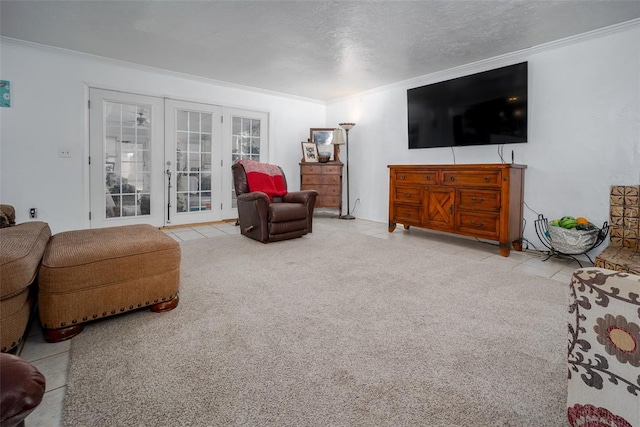 carpeted living room featuring crown molding and a textured ceiling