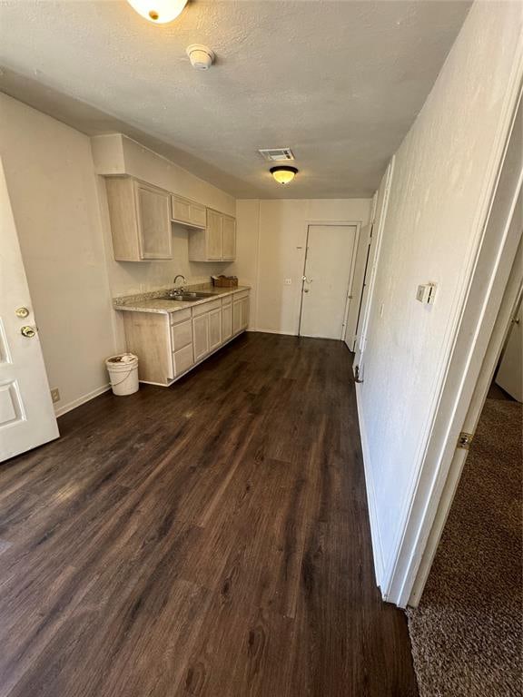 kitchen with a textured ceiling, dark hardwood / wood-style flooring, and sink