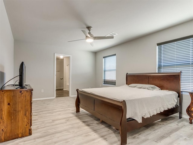 bedroom featuring ceiling fan, light wood-type flooring, and ensuite bathroom