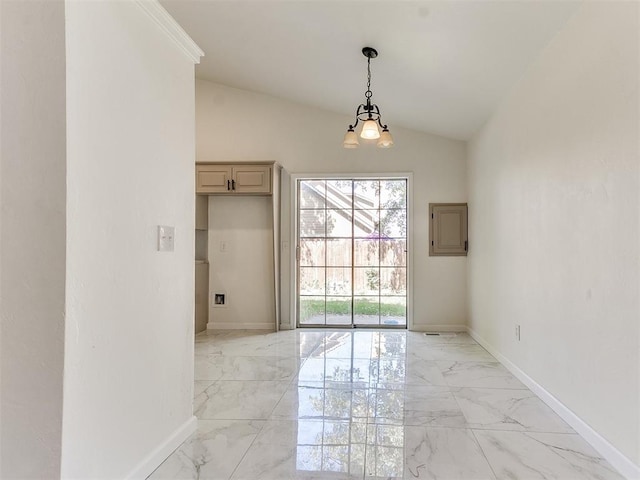 unfurnished room with lofted ceiling and an inviting chandelier