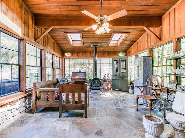 sunroom with a wood stove, lofted ceiling with skylight, ceiling fan, and wooden ceiling