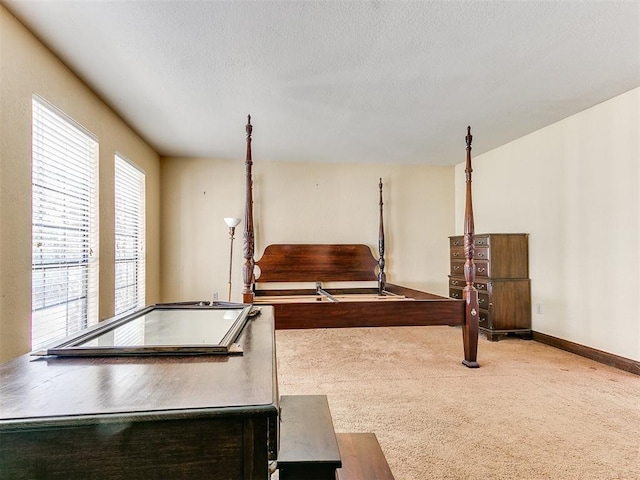 rec room with light carpet and a textured ceiling