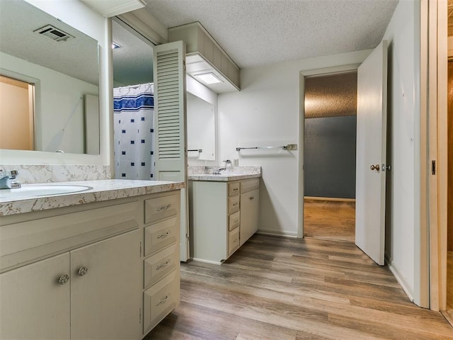 bathroom with vanity, wood-type flooring, and a textured ceiling