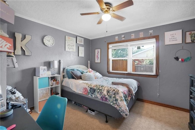 bedroom with ceiling fan, light carpet, and ornamental molding