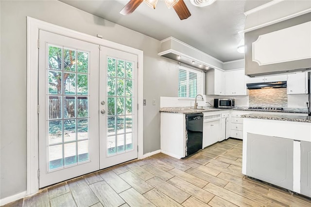 kitchen with dishwasher, french doors, white cabinets, and a healthy amount of sunlight