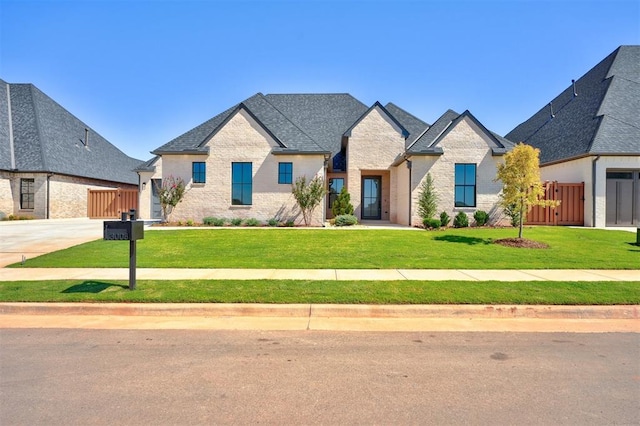 french country inspired facade featuring a front yard