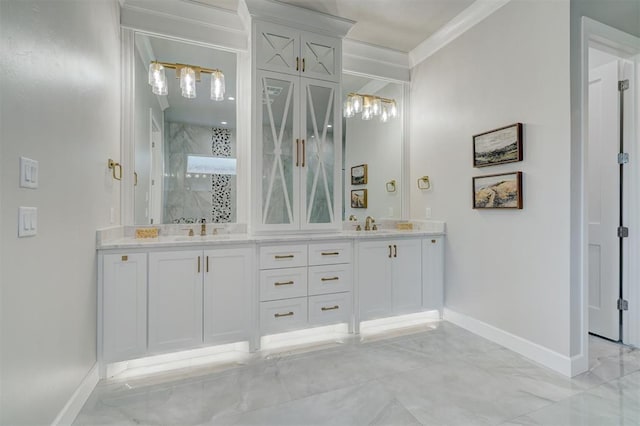 bathroom with vanity, a shower, and crown molding