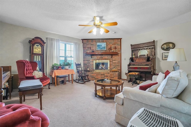 living room featuring light carpet, a fireplace, ceiling fan, and a textured ceiling