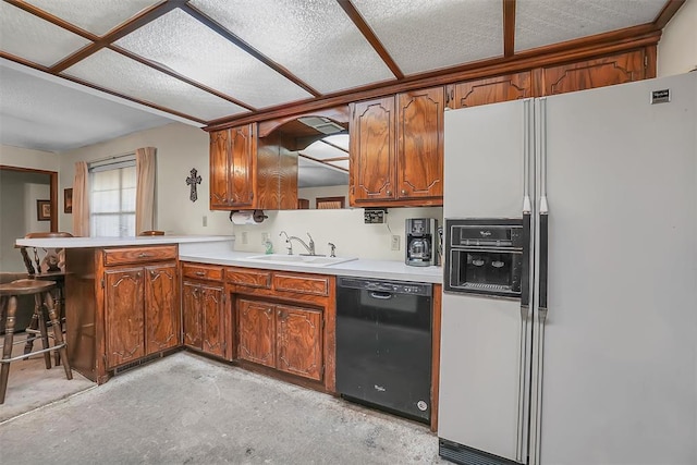 kitchen with sink, black dishwasher, a kitchen breakfast bar, white refrigerator with ice dispenser, and kitchen peninsula