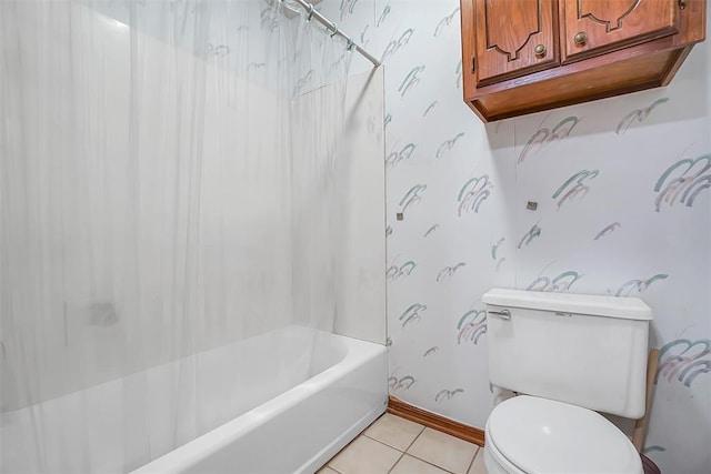 bathroom with toilet, tile patterned floors, and shower / bathtub combination with curtain