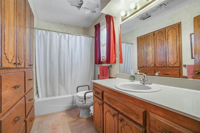 full bathroom with vanity, a textured ceiling, toilet, and shower / bathtub combination with curtain