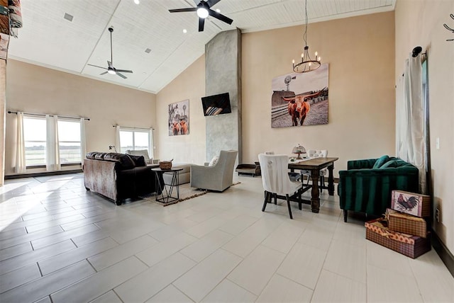 living room with tile patterned flooring, high vaulted ceiling, wood ceiling, and ceiling fan with notable chandelier