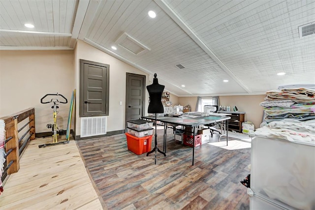 recreation room featuring ornamental molding, wood ceiling, vaulted ceiling, and hardwood / wood-style flooring