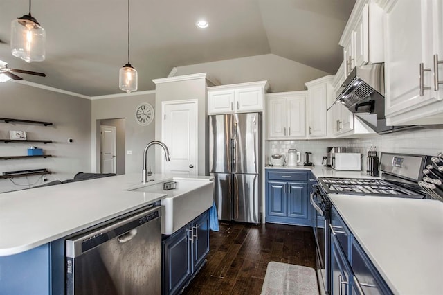 kitchen with white cabinetry, sink, stainless steel appliances, blue cabinets, and decorative light fixtures