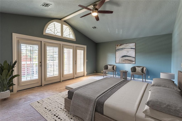 bedroom with access to exterior, a textured ceiling, light colored carpet, vaulted ceiling, and ceiling fan