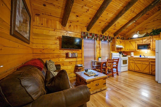 living room with vaulted ceiling with beams, light wood-type flooring, wooden ceiling, and wooden walls