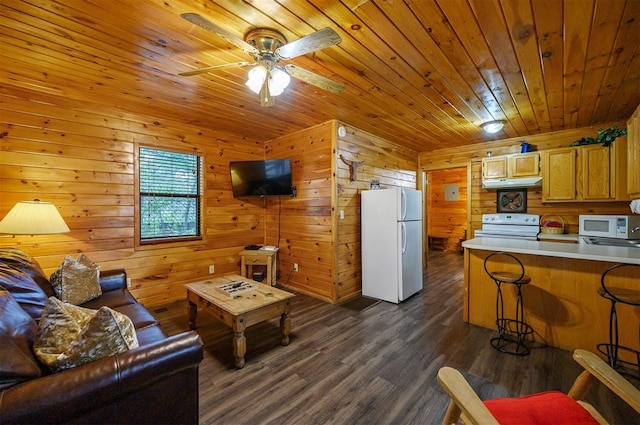 living room with wood walls, ceiling fan, wooden ceiling, and dark hardwood / wood-style floors