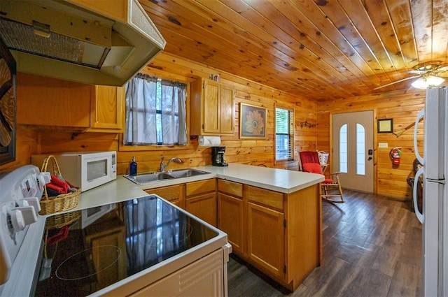 130 Wildwood Trl, Broken Bow, OK 74728 - kitchen with white appliances, a peninsula, exhaust hood, wood walls, and dark wood-style flooring
