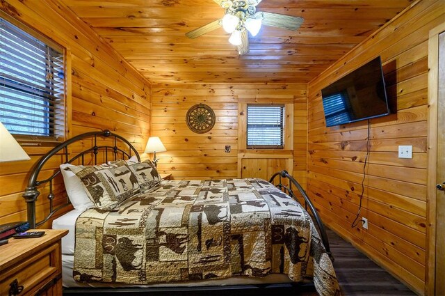 bedroom featuring hardwood / wood-style flooring, ceiling fan, wooden ceiling, and wooden walls