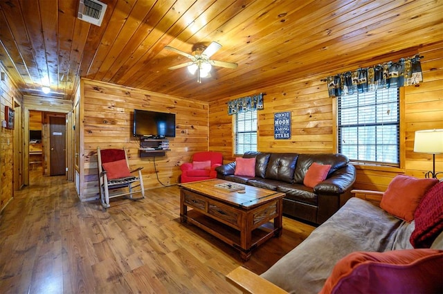 living room featuring hardwood / wood-style floors, wood ceiling, ceiling fan, and wood walls