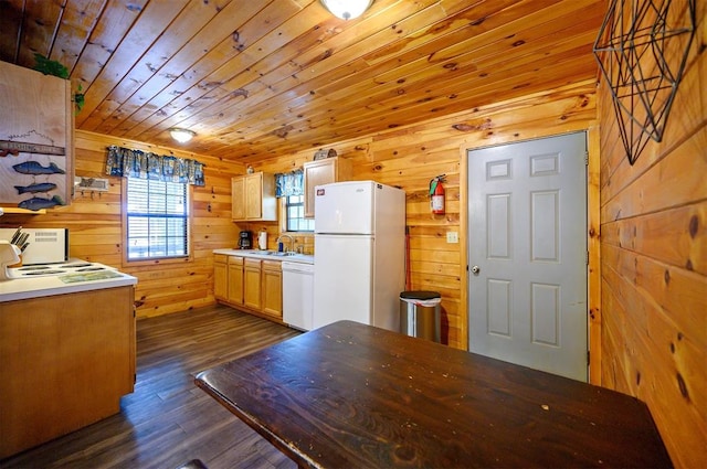 kitchen with white appliances, dark wood-type flooring, sink, wooden ceiling, and wood walls