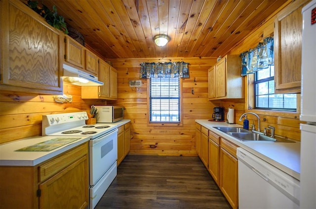 kitchen featuring dark hardwood / wood-style flooring, wood ceiling, white appliances, wooden walls, and sink