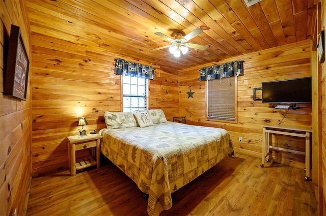 bedroom featuring wood-type flooring, wood ceiling, ceiling fan, and wood walls