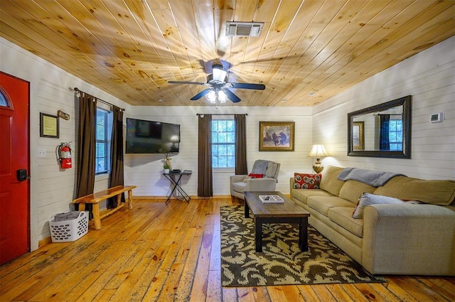 living room with wood walls, light hardwood / wood-style flooring, and wooden ceiling