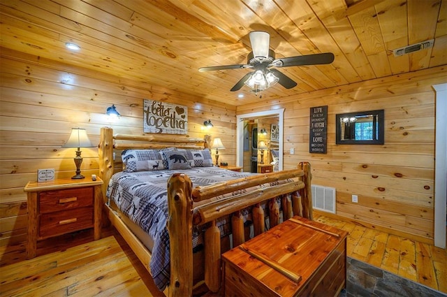 183 Pine Meadow Ln, Broken Bow, OK 74728 - bedroom with wood ceiling, light wood finished floors, wood walls, and a ceiling fan