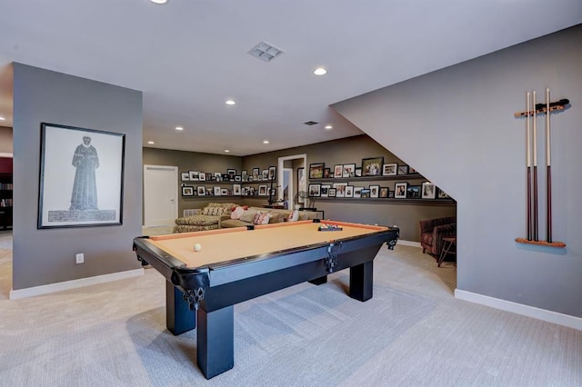 rec room with light carpet and pool table