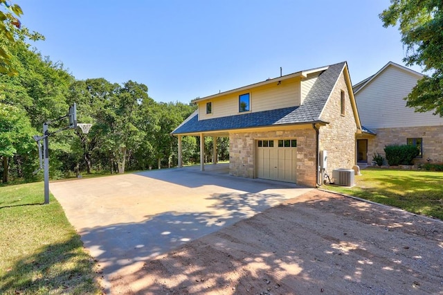 view of property exterior with central AC, a garage, and a lawn